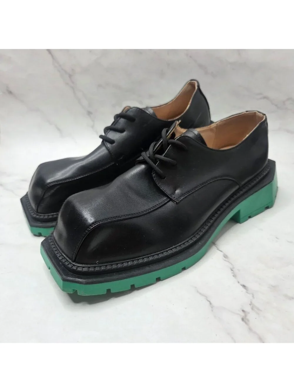 Men's British Black Leather Square Toe Oxford Shoes Green Lug Sole Size 10